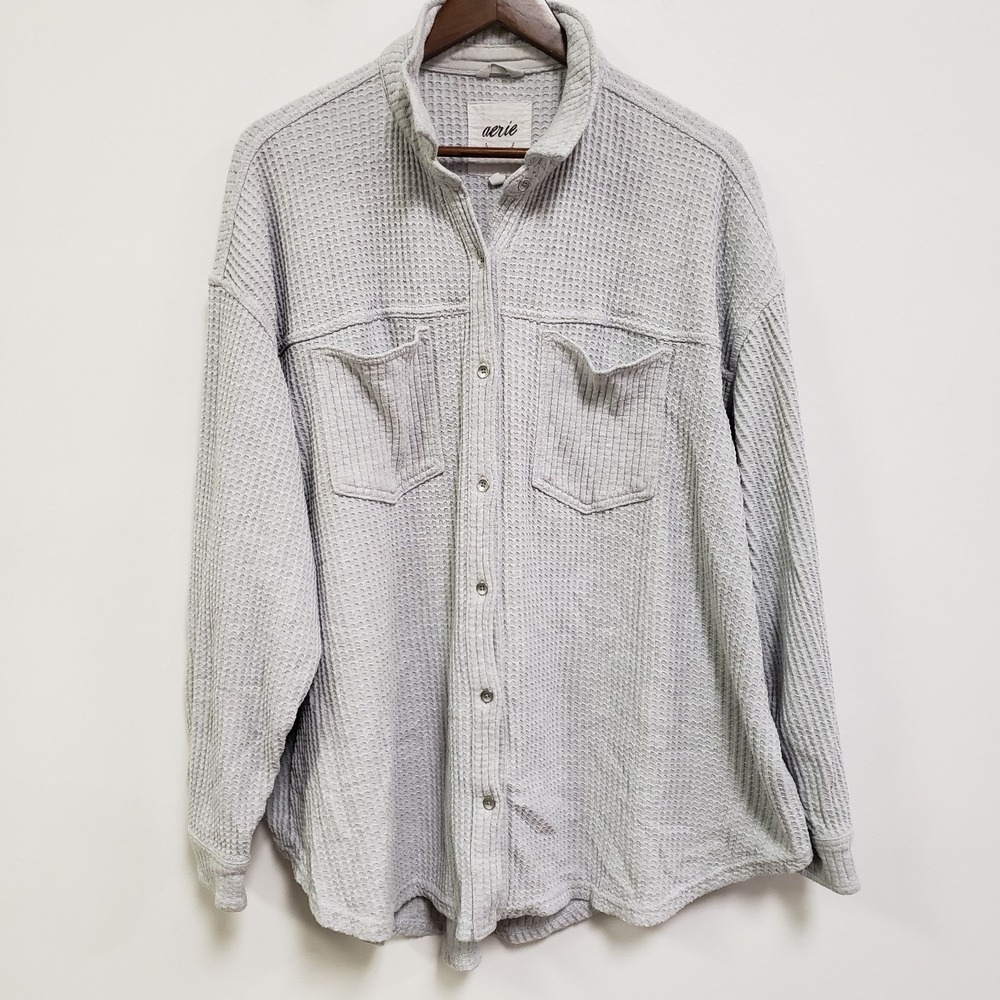 Aerie Womens Anytime Fave Waffle Shirt Size XL Oversized Gray Button Up Shacket